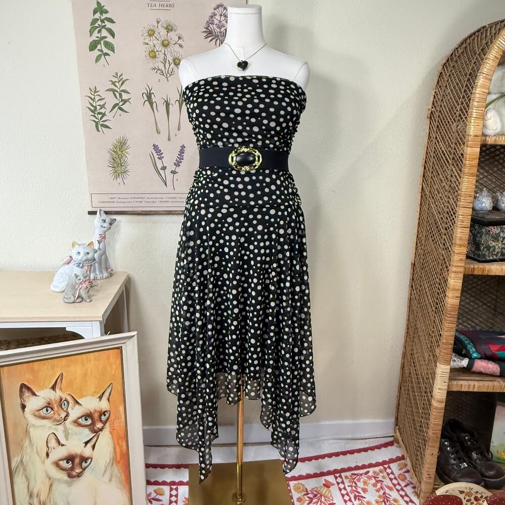 90s Y2k Polka Dot Mesh Asymmetric Strapless Dress Rockabilly Gothabilly Retro 12